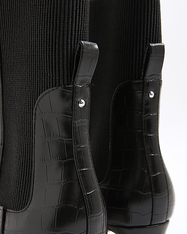 Black Kitten Heel Croc Textured Ankle Boots