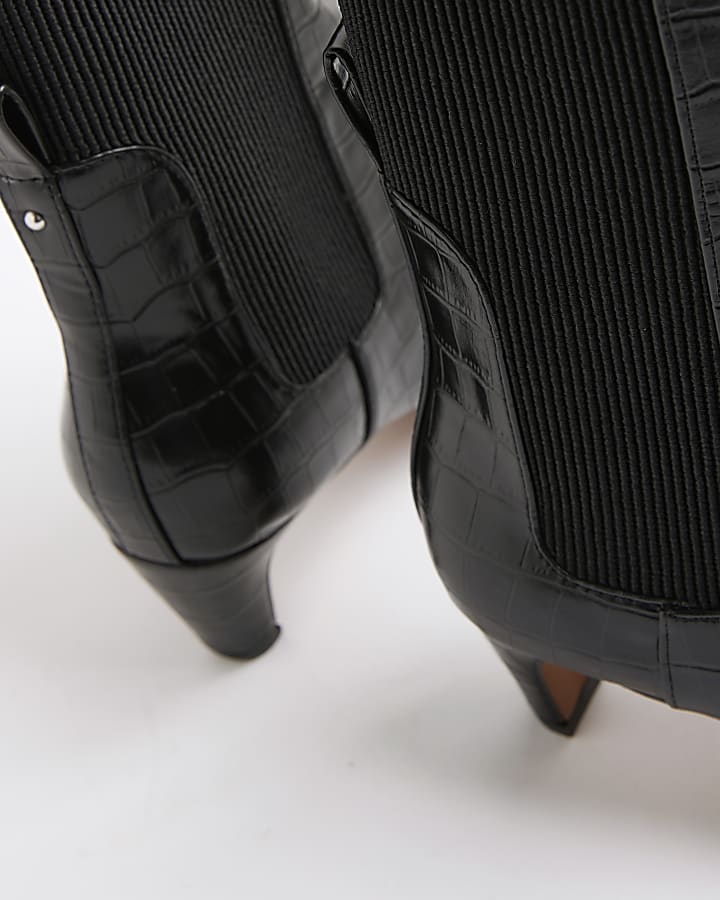 Black Kitten Heel Croc Textured Ankle Boots