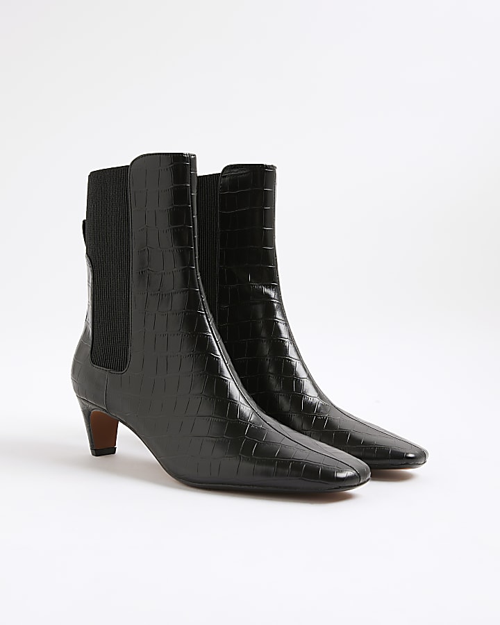 Black Kitten Heel Croc Textured Ankle Boots