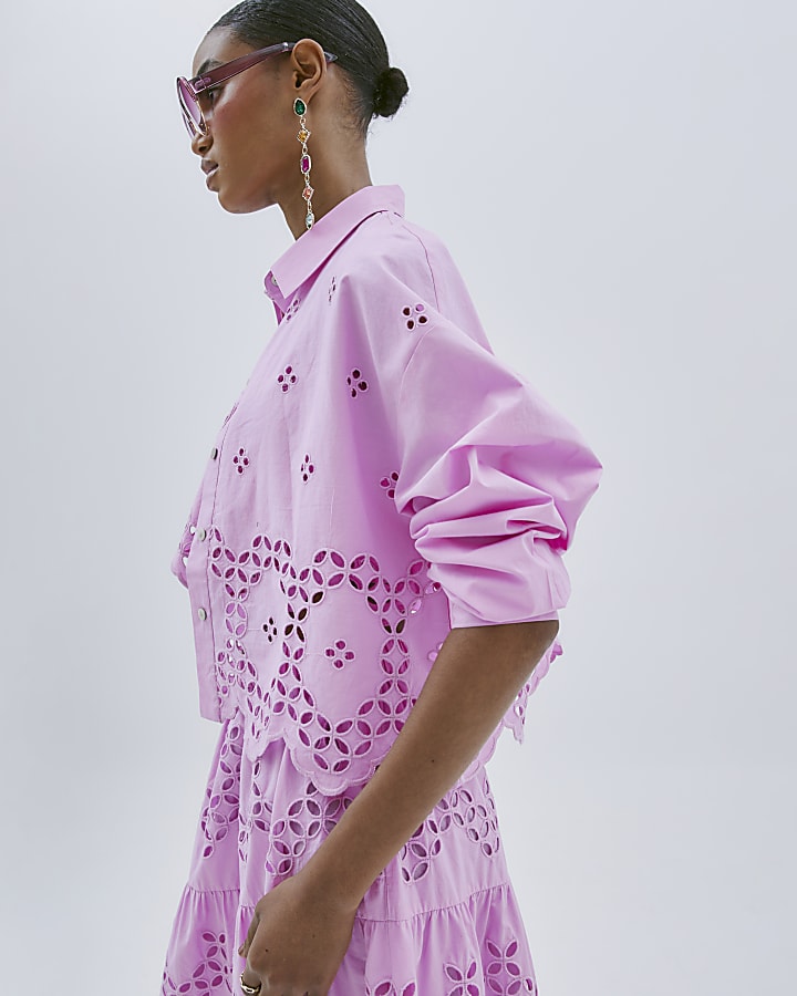 Pink Long Sleeve Cropped Broderie Shirt
