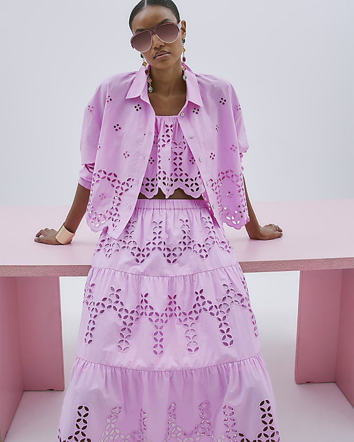 Pink Long Sleeve Cropped Broderie Shirt