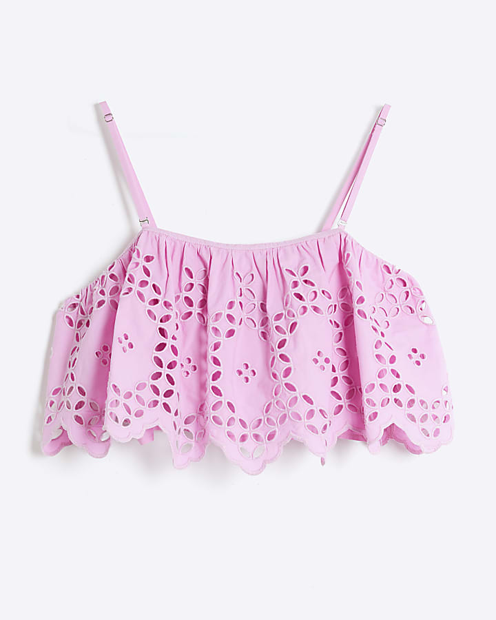 Pink Cropped Broderie Cami Top