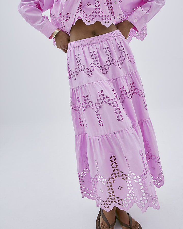 Pink Broderie Cutwork Midi Skirt