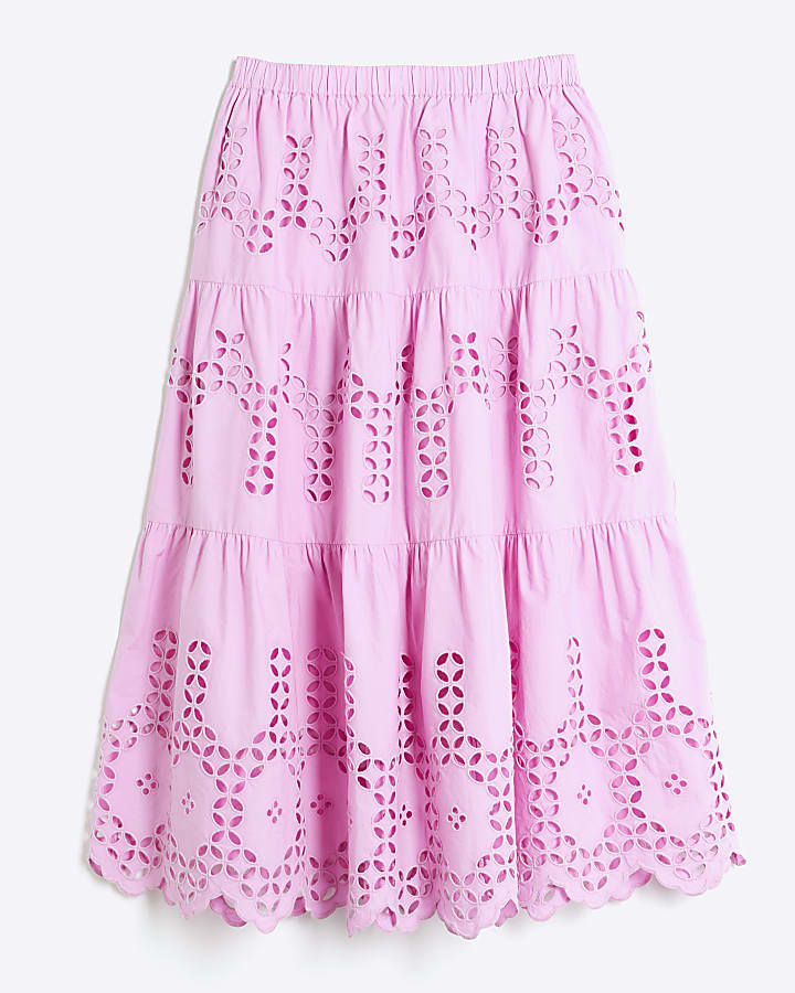 Pink Broderie Cutwork Midi Skirt