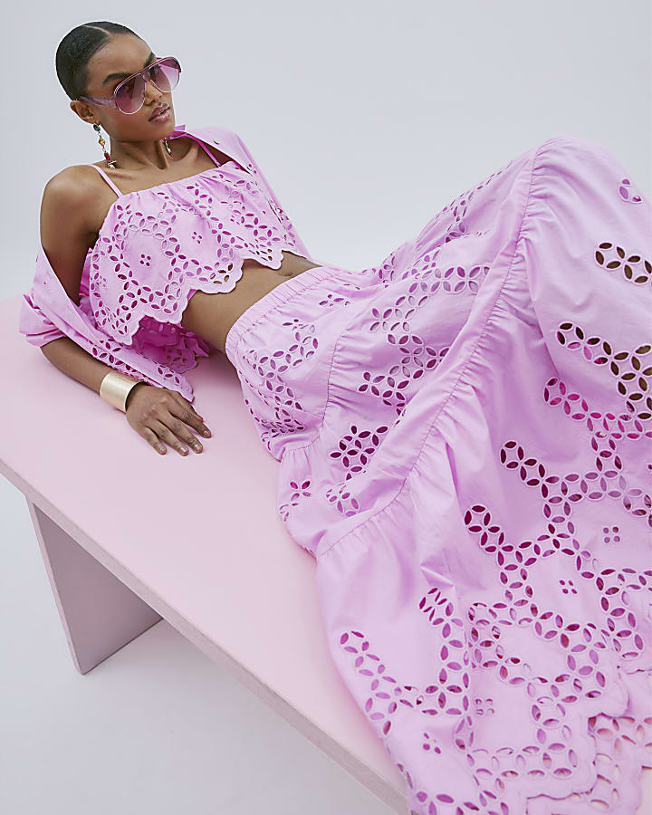 Pink Broderie Cutwork Midi Skirt
