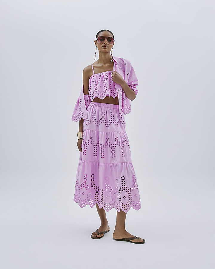 Pink Broderie Cutwork Midi Skirt