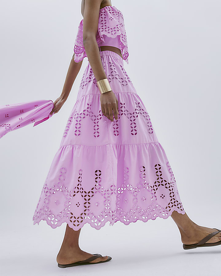 Pink Broderie Cutwork Midi Skirt