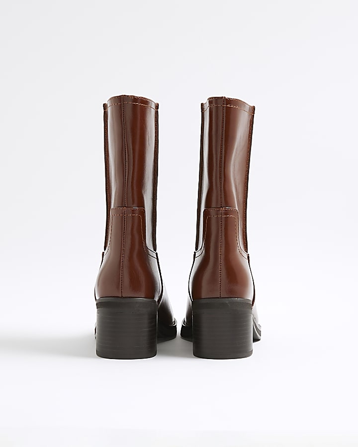 Brown Block Heel Calf Length Boots