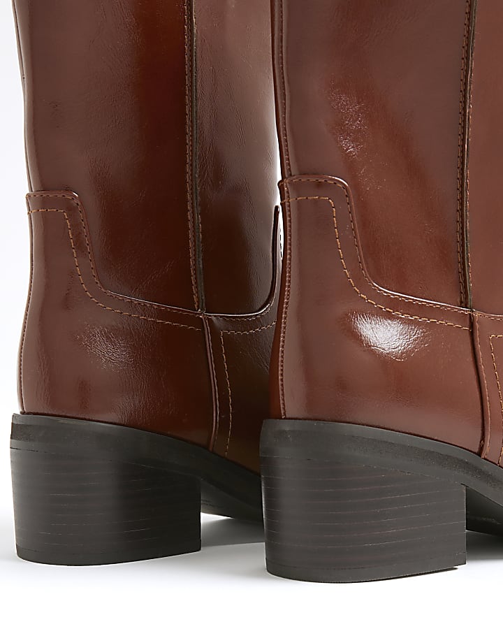 Brown Block Heel Calf Length Boots