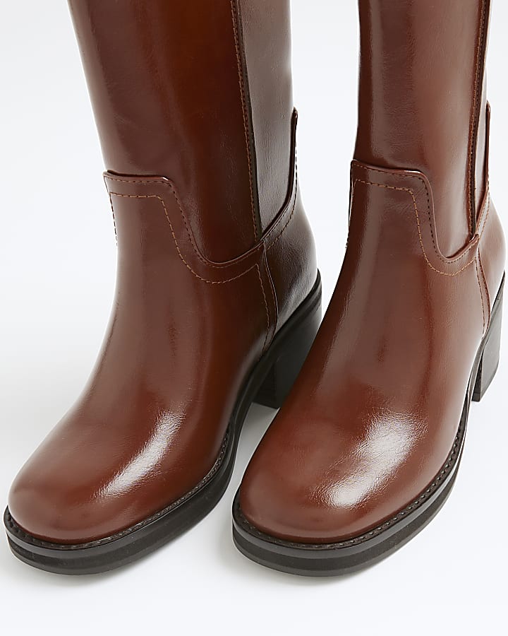 Brown Block Heel Calf Length Boots