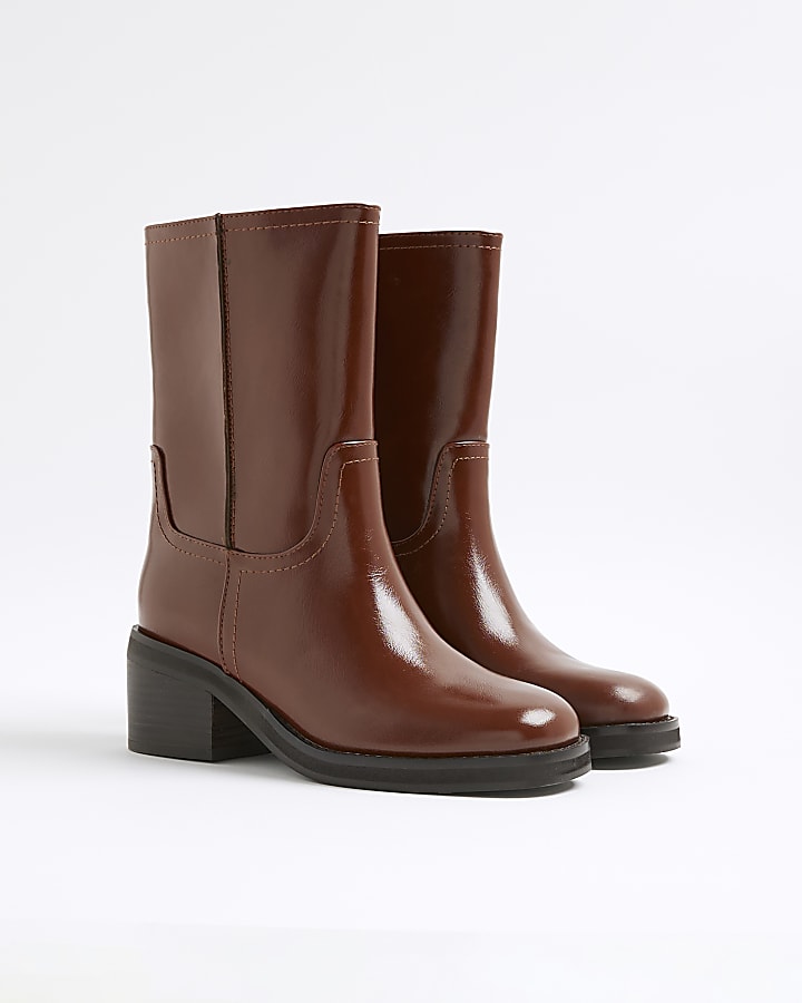 Brown Block Heel Calf Length Boots