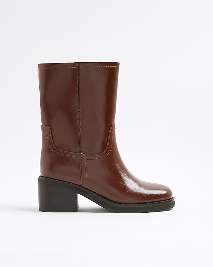 Brown Block Heel Calf Length Boots