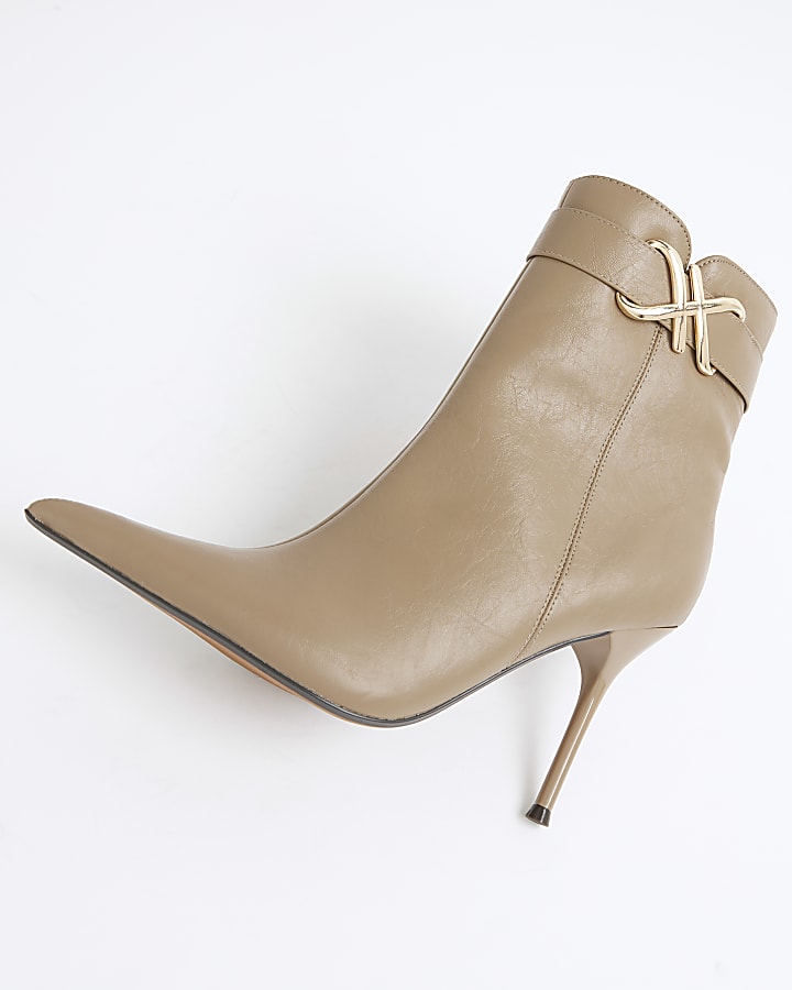 Beige Metal Hardware Heeled Ankle Boots