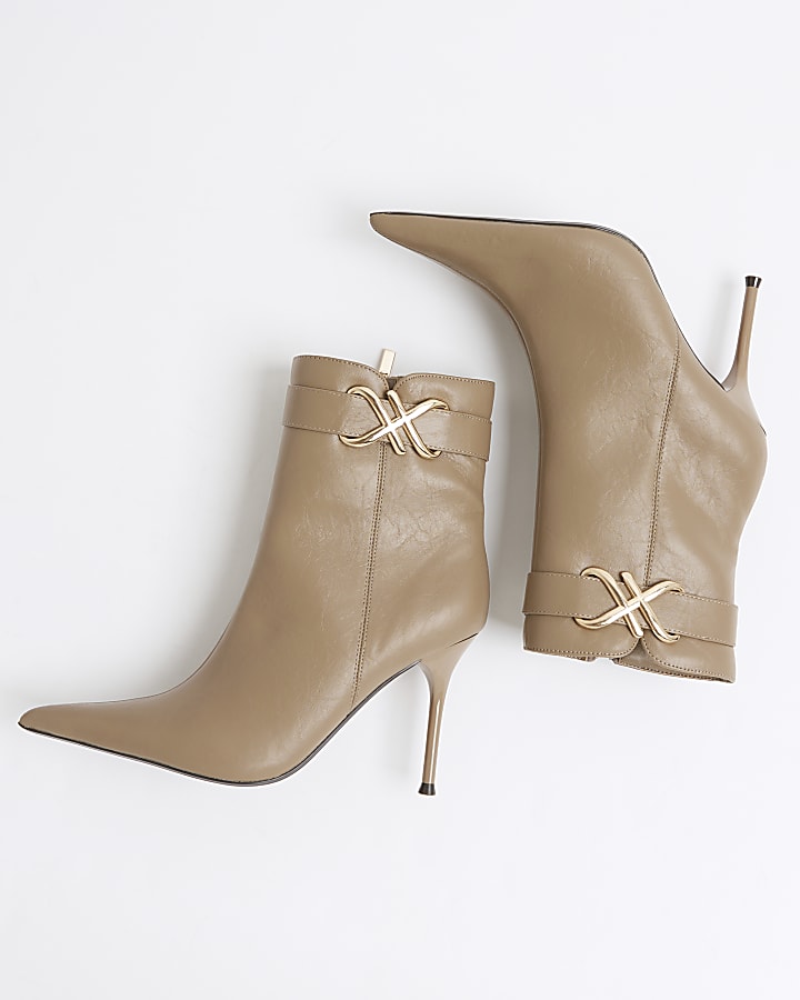 Beige Metal Hardware Heeled Ankle Boots