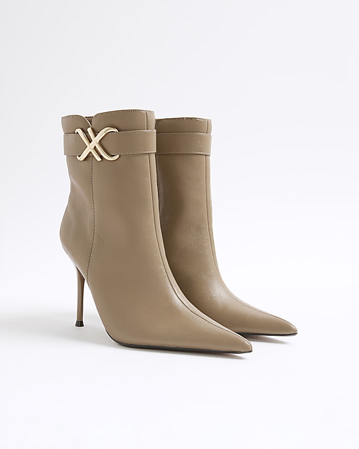 Beige Metal Hardware Heeled Ankle Boots