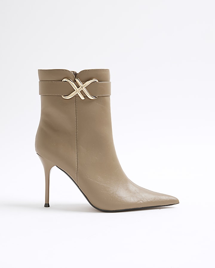 Beige Metal Hardware Heeled Ankle Boots