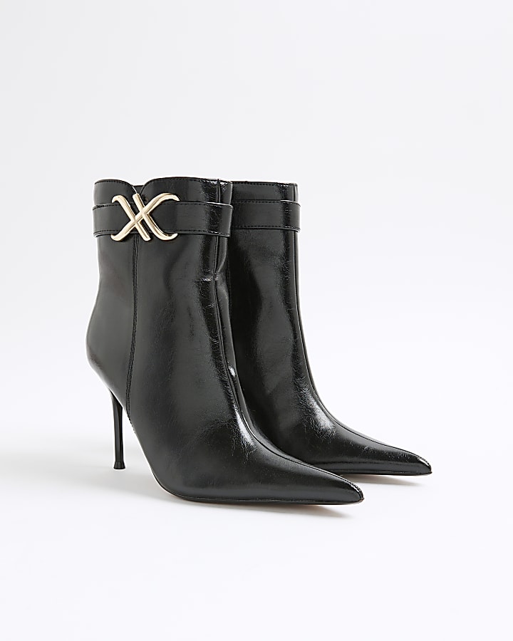 Black Metal Hardware Heeled Ankle Boots