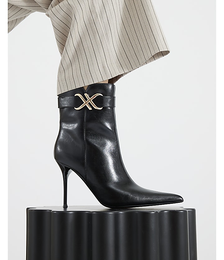Black Metal Hardware Heeled Ankle Boots