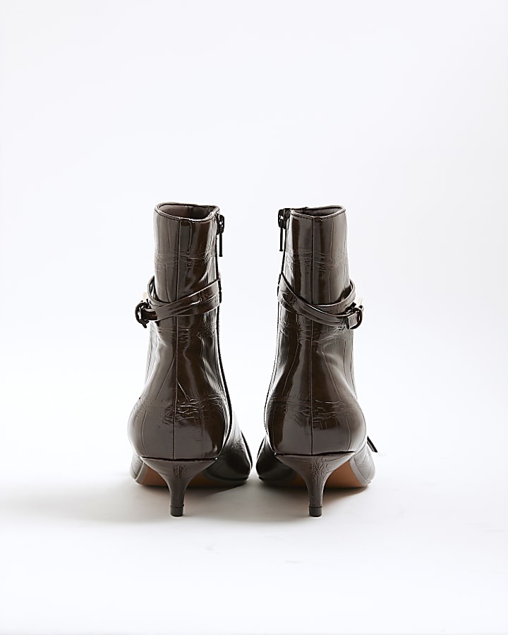 Brown Croc Textured Kitten Heel Boots