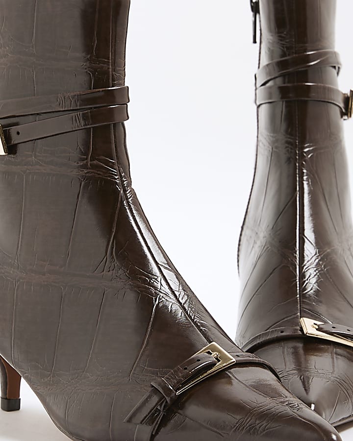 Brown Croc Textured Kitten Heel Boots