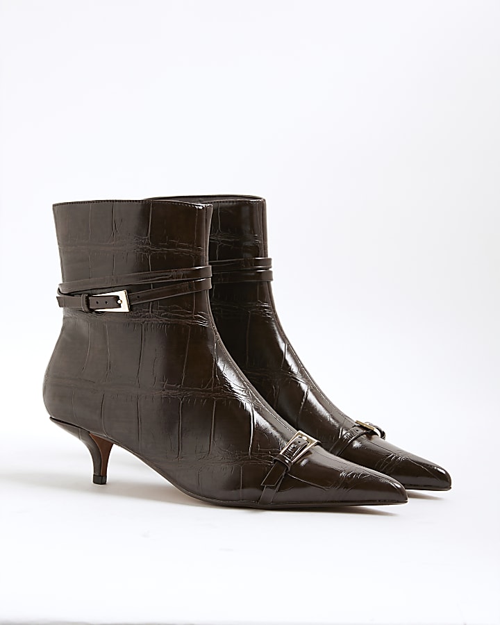 Brown Croc Textured Kitten Heel Boots