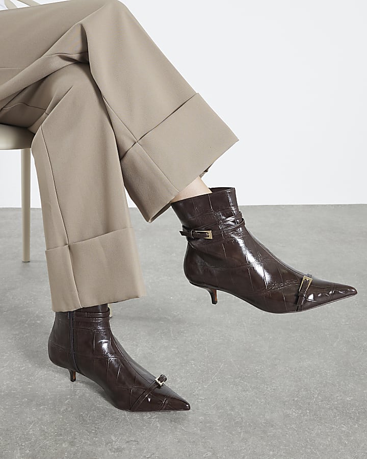 Brown Croc Textured Kitten Heel Boots