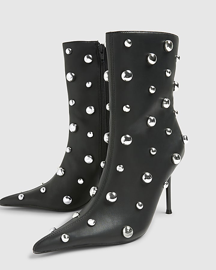 Black Studded Heeled Ankle Boots
