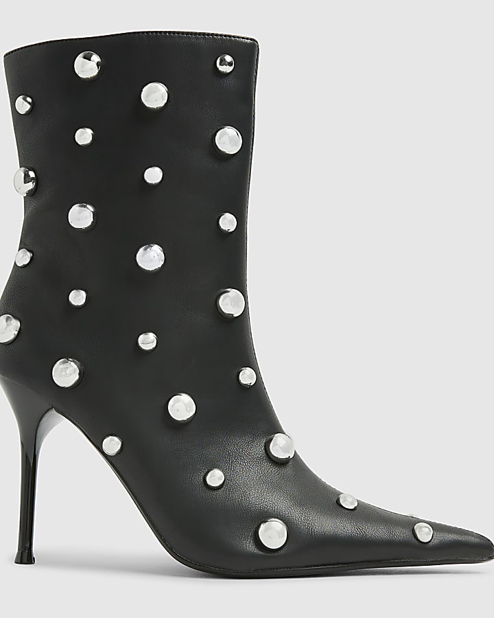 Black Studded Heeled Ankle Boots