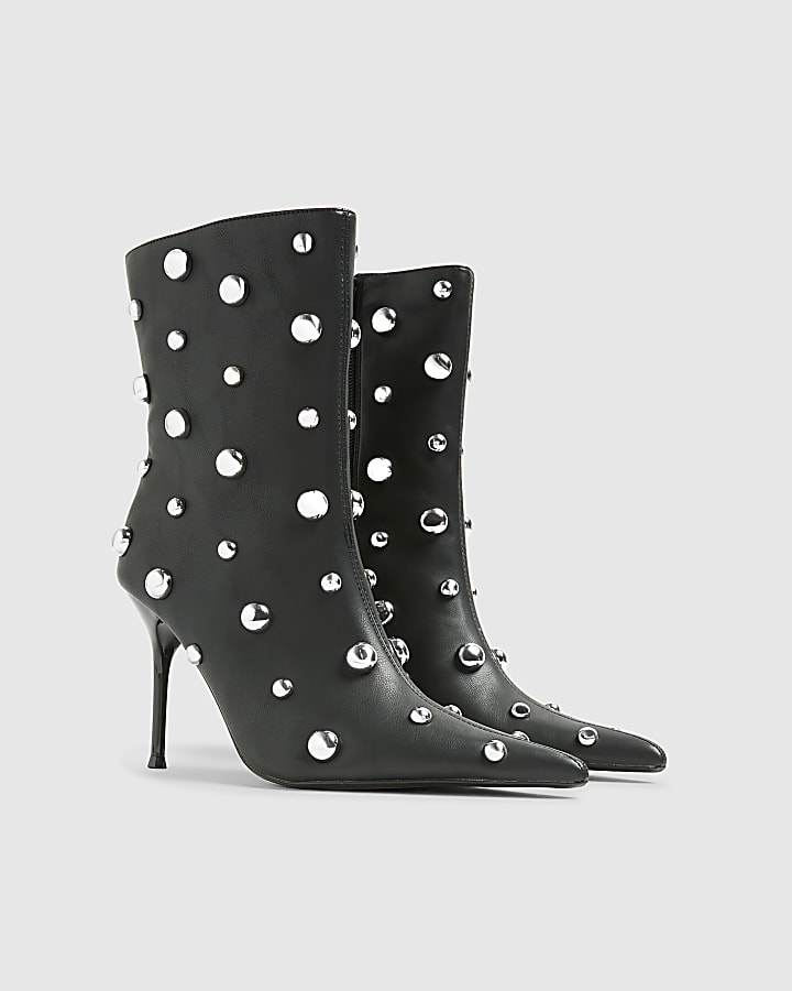 Black Studded Heeled Ankle Boots