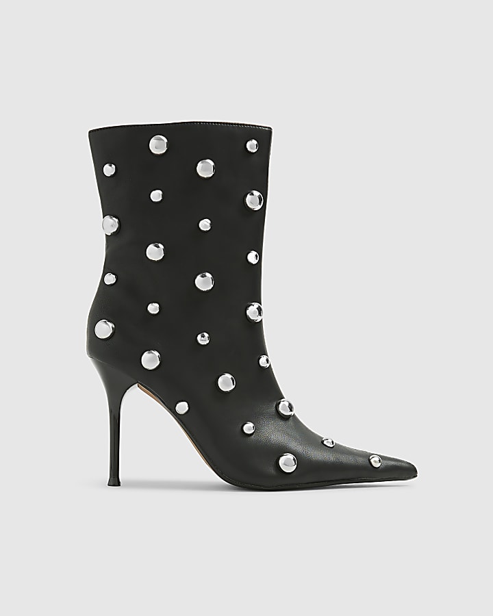 Black Studded Heeled Ankle Boots