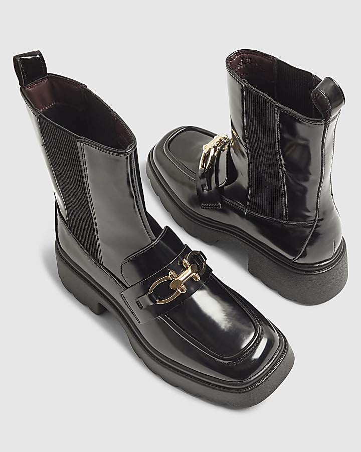 Black Snaffle Trim Loafer Ankle Boots