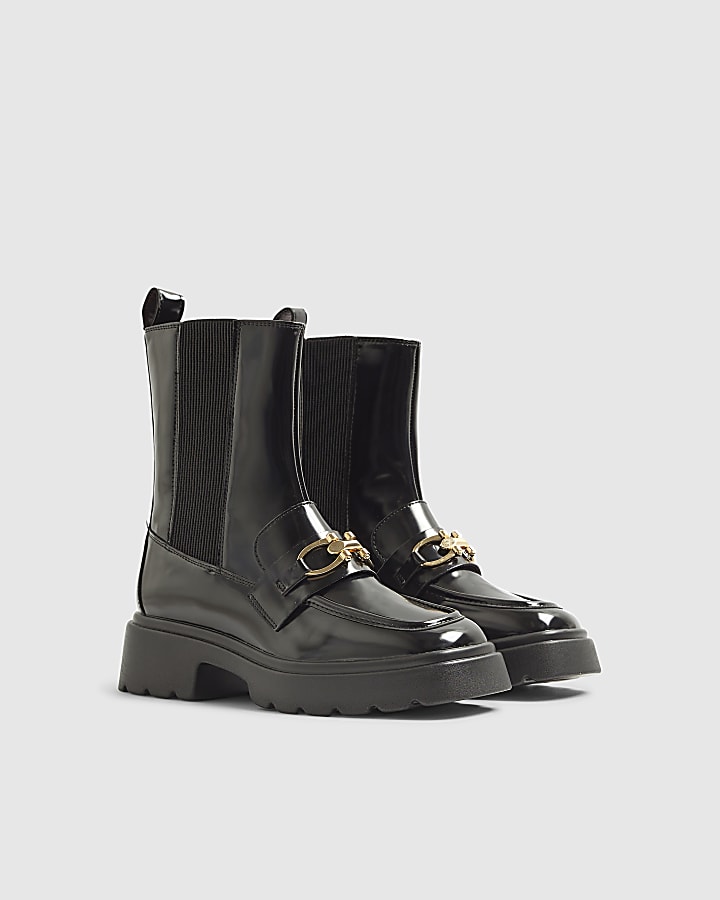 Black Snaffle Trim Loafer Ankle Boots