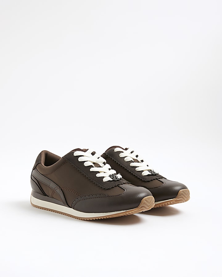Brown Faux Leather Retro Trainers