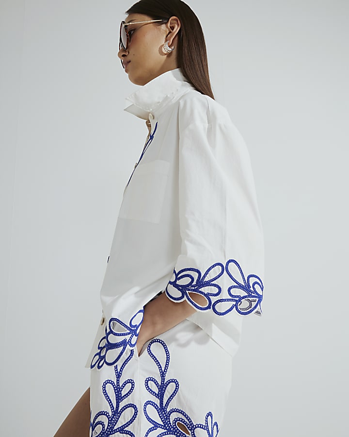 White Boxy Fit Cornelli Embroidered Shirt