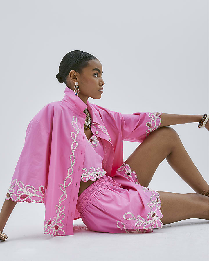 Pink Short Sleeve Boxy Fit Embroidered Shirt