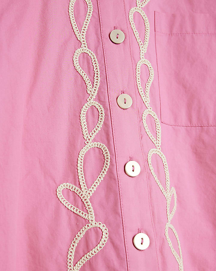 Pink Short Sleeve Boxy Fit Embroidered Shirt