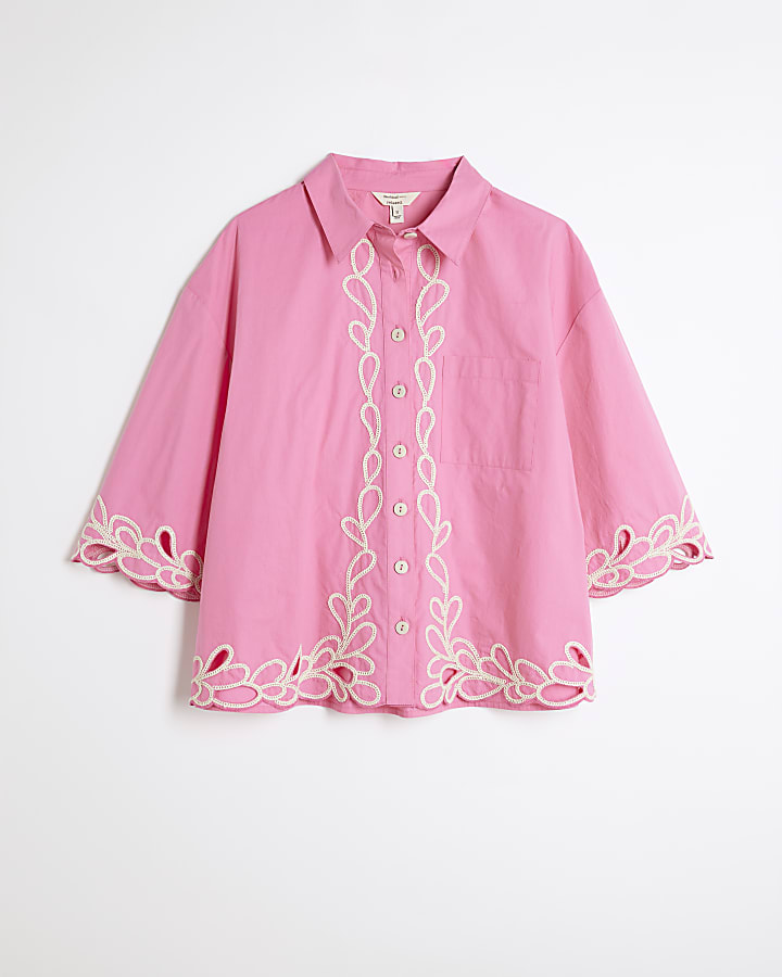 Pink Short Sleeve Boxy Fit Embroidered Shirt