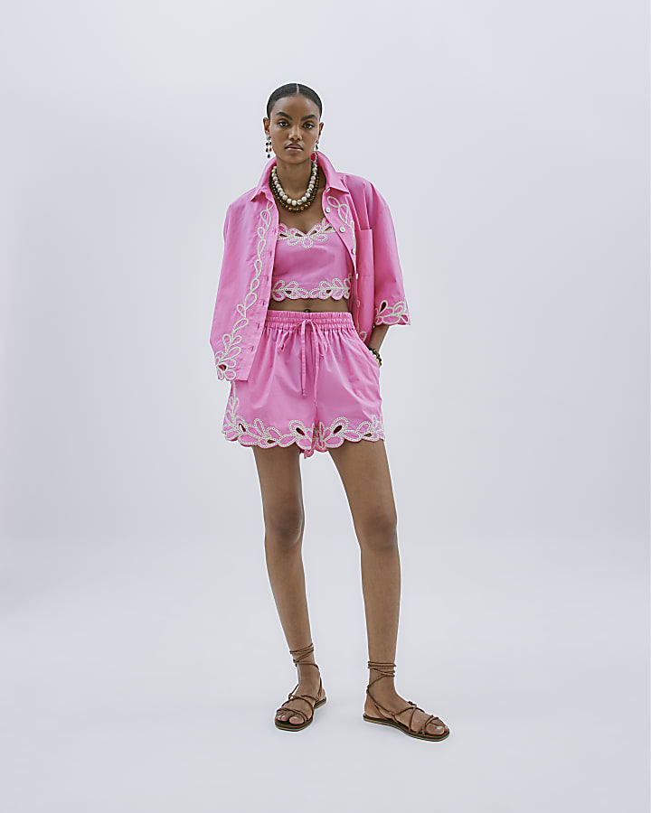 Pink Short Sleeve Boxy Fit Embroidered Shirt