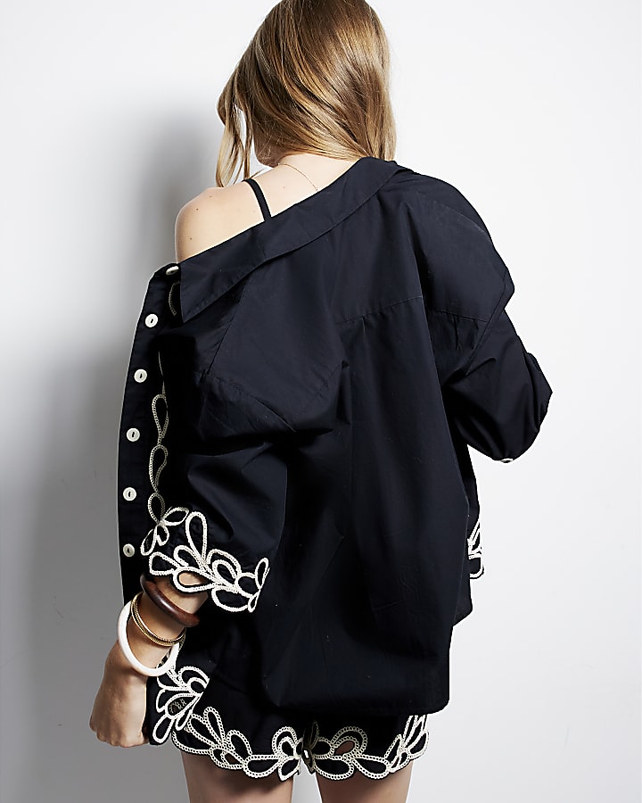 Black Boxy Embroidered Shirt