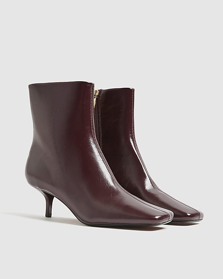 Red Square Toe Kitten Heel Ankle Boots