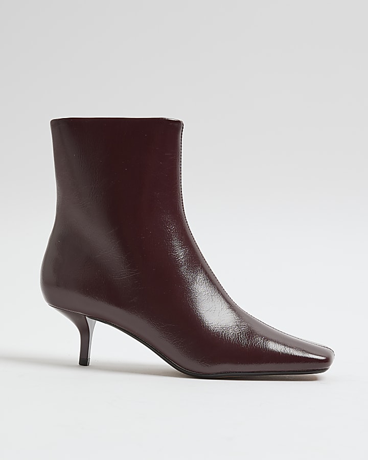 Red Square Toe Kitten Heel Ankle Boots