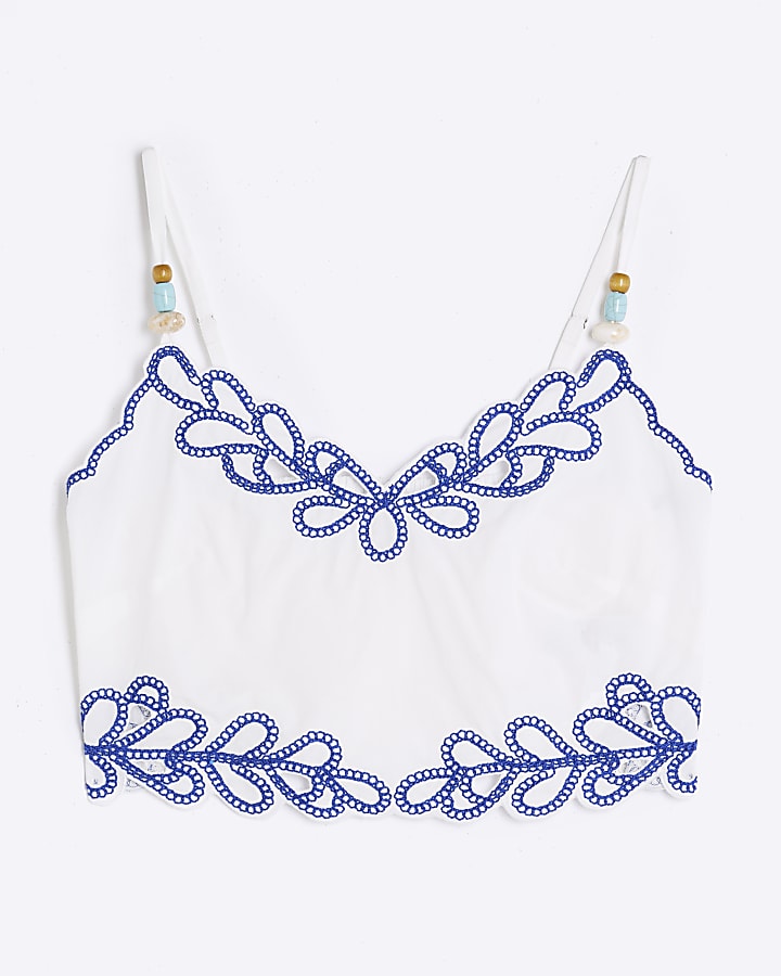 White Sleeveless Embroidered Trim Crop Top