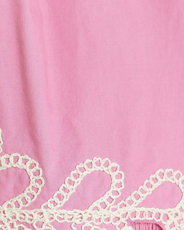 Pink Sleeveless Embroidered Trim Crop Top