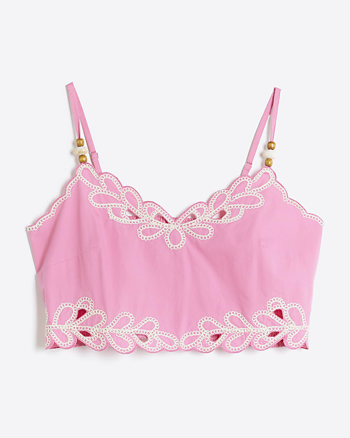 Pink Sleeveless Embroidered Trim Crop Top