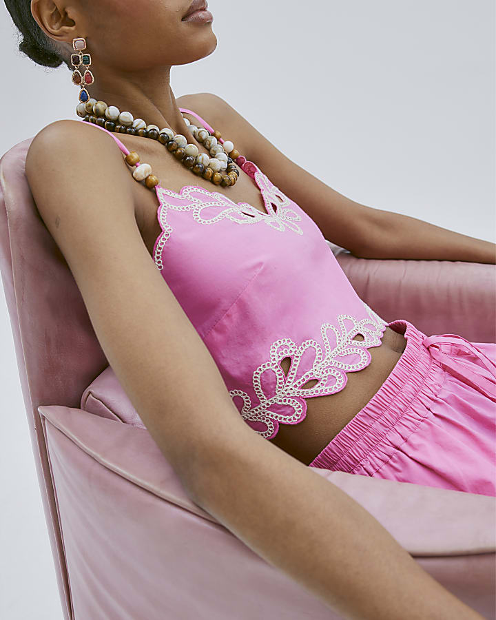 Pink Sleeveless Embroidered Trim Crop Top