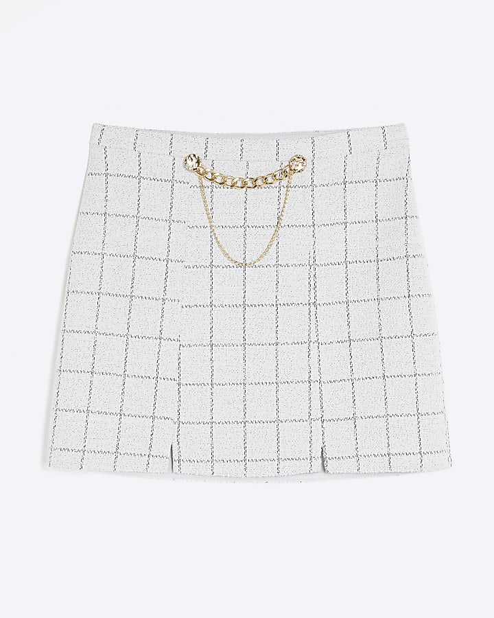 Grey Chain Detail Boucle Check Mini Skirt