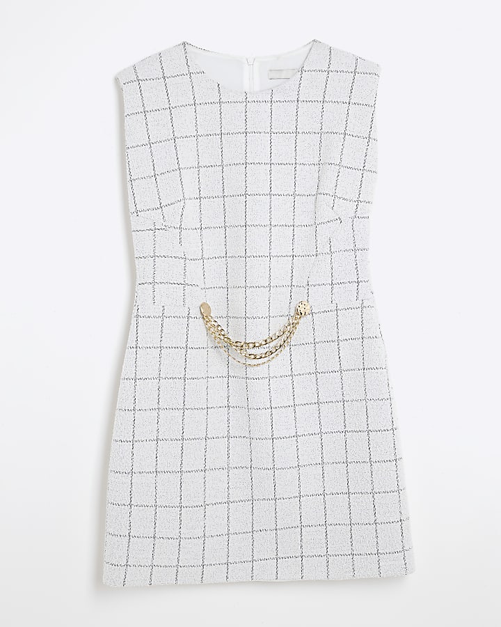 Grey Checked Chain Trim Boucle Mini Dress