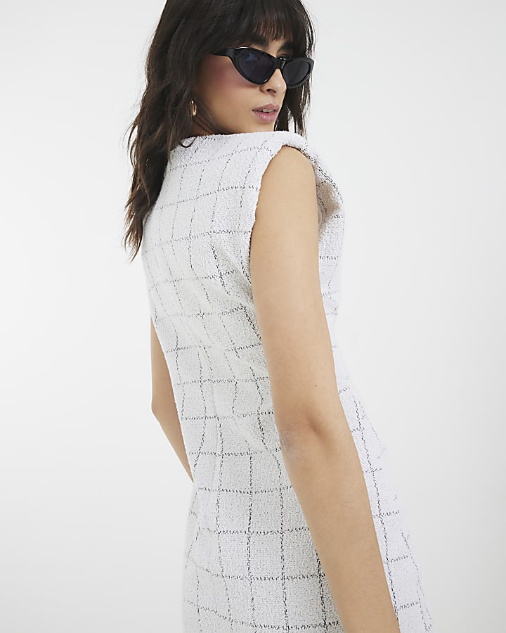 Grey Checked Chain Trim Boucle Mini Dress