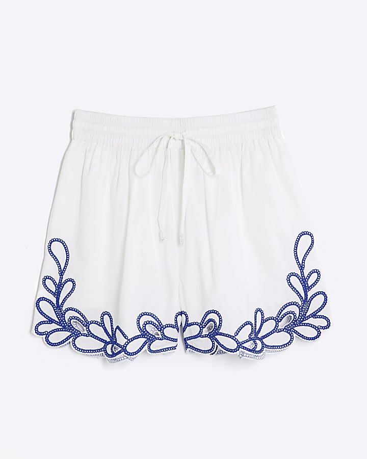 White Embroidered Trim Shorts