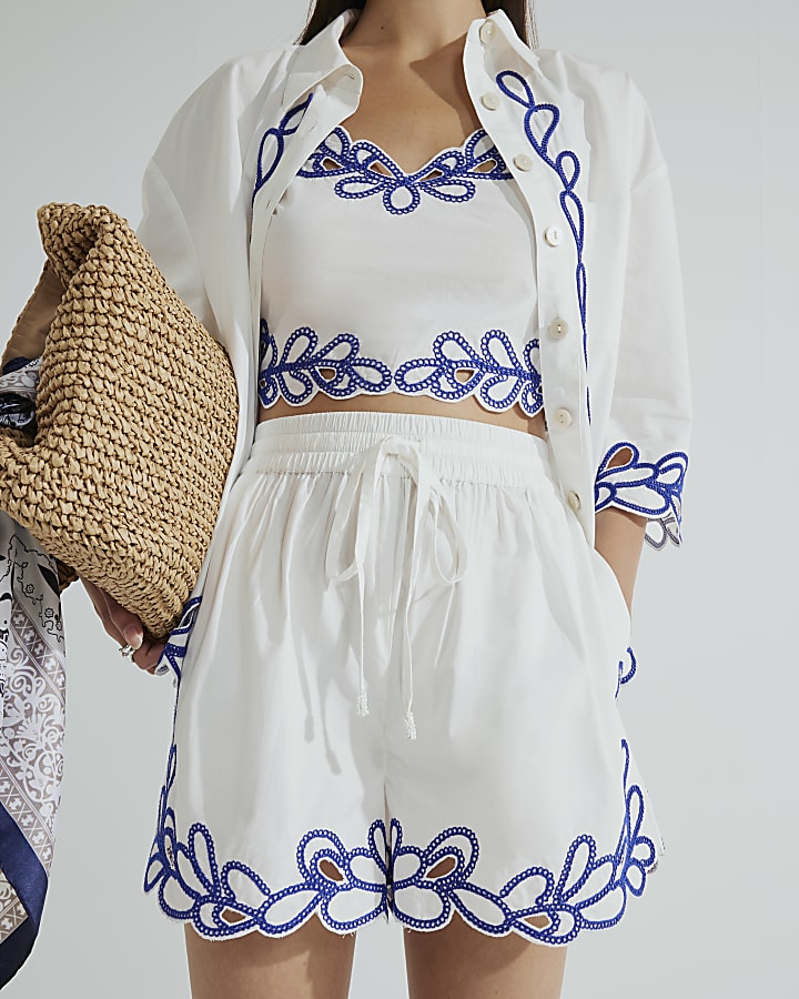 White Embroidered Trim Shorts